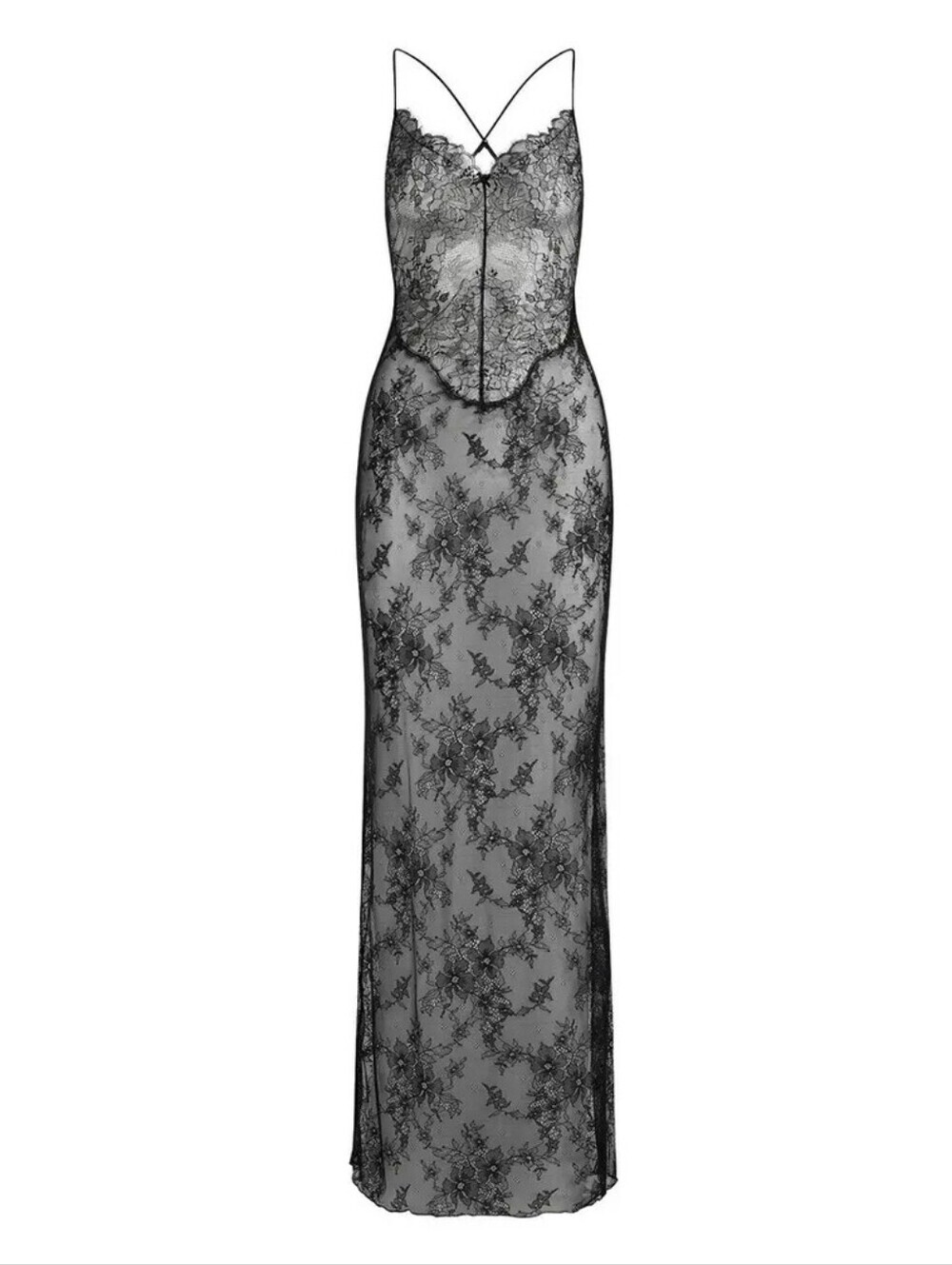 SKIMS Ultra Fine Laced Low Back Long Dress Black Onyx Women 3X NEW